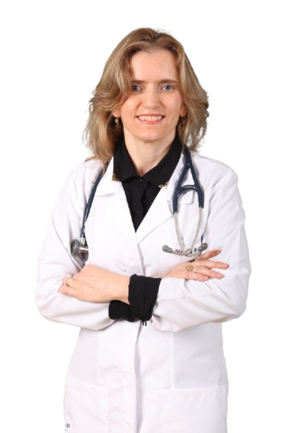 Dra. Marcilha Barros, médica ginecologista e obstetra, sorrindo de jaleco branco e estetoscópio